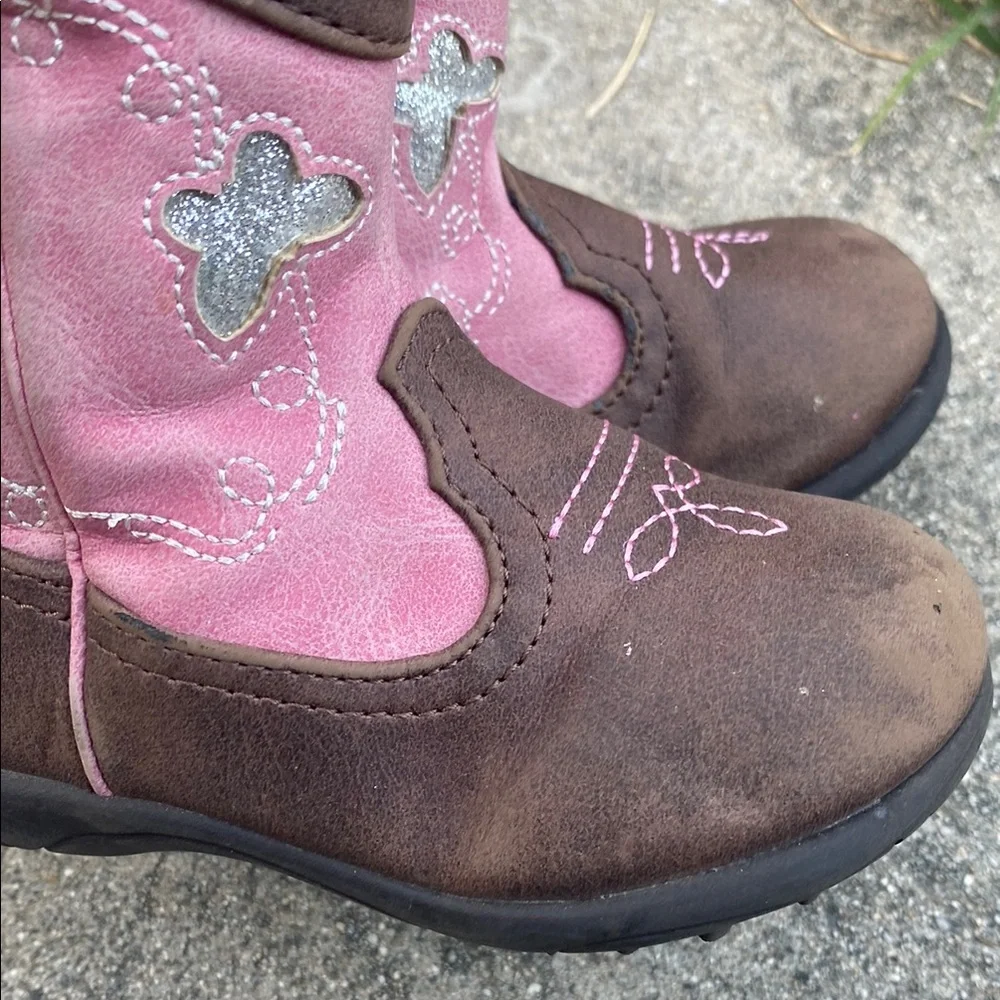 Pink and Brown Kids Cowboy Boots Cowgirl Western boot with Silver Butterfly’s - Picture 11 of 12